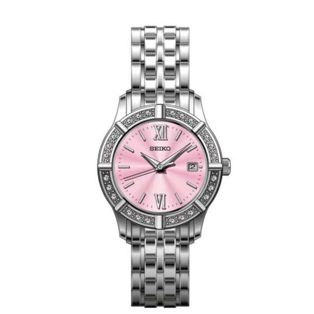 Seiko women's watch with a pink dial and stainless steel bracelet SXDE47